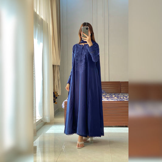 Midnight Blue Embroidered  frock 3PC