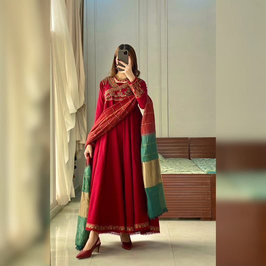 Royal Maroon Embroidered Frock 3PC