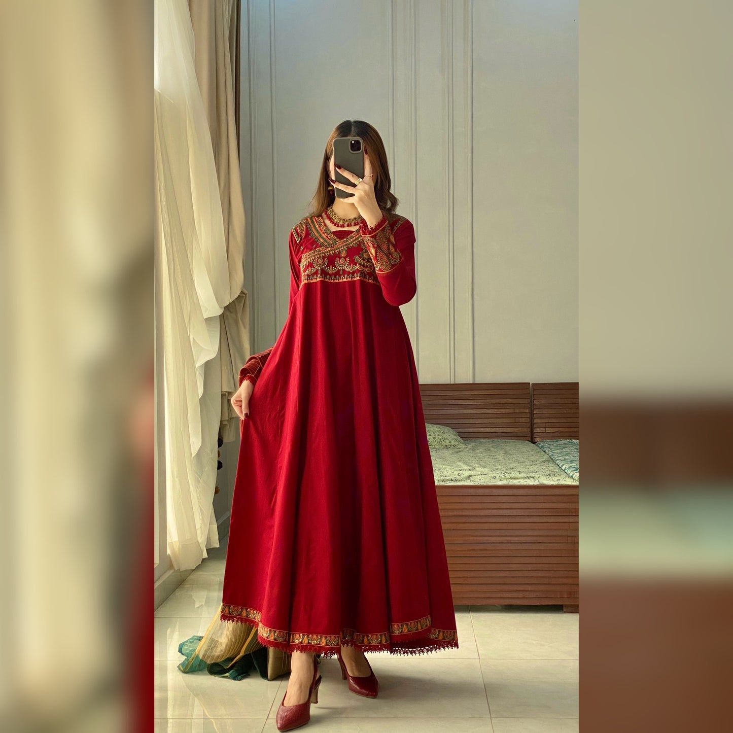 Royal Maroon Embroidered Frock 3PC