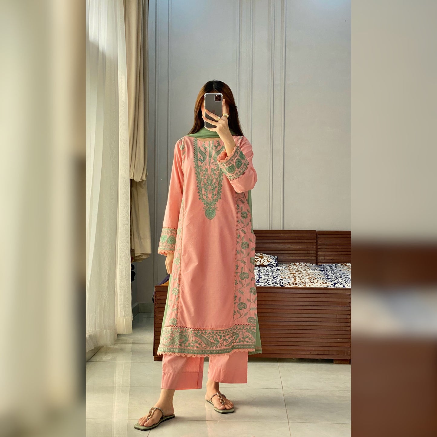 Coral Pink Embroidered 3PC