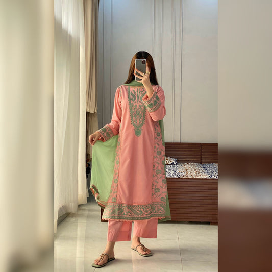 Coral Pink Embroidered 3PC