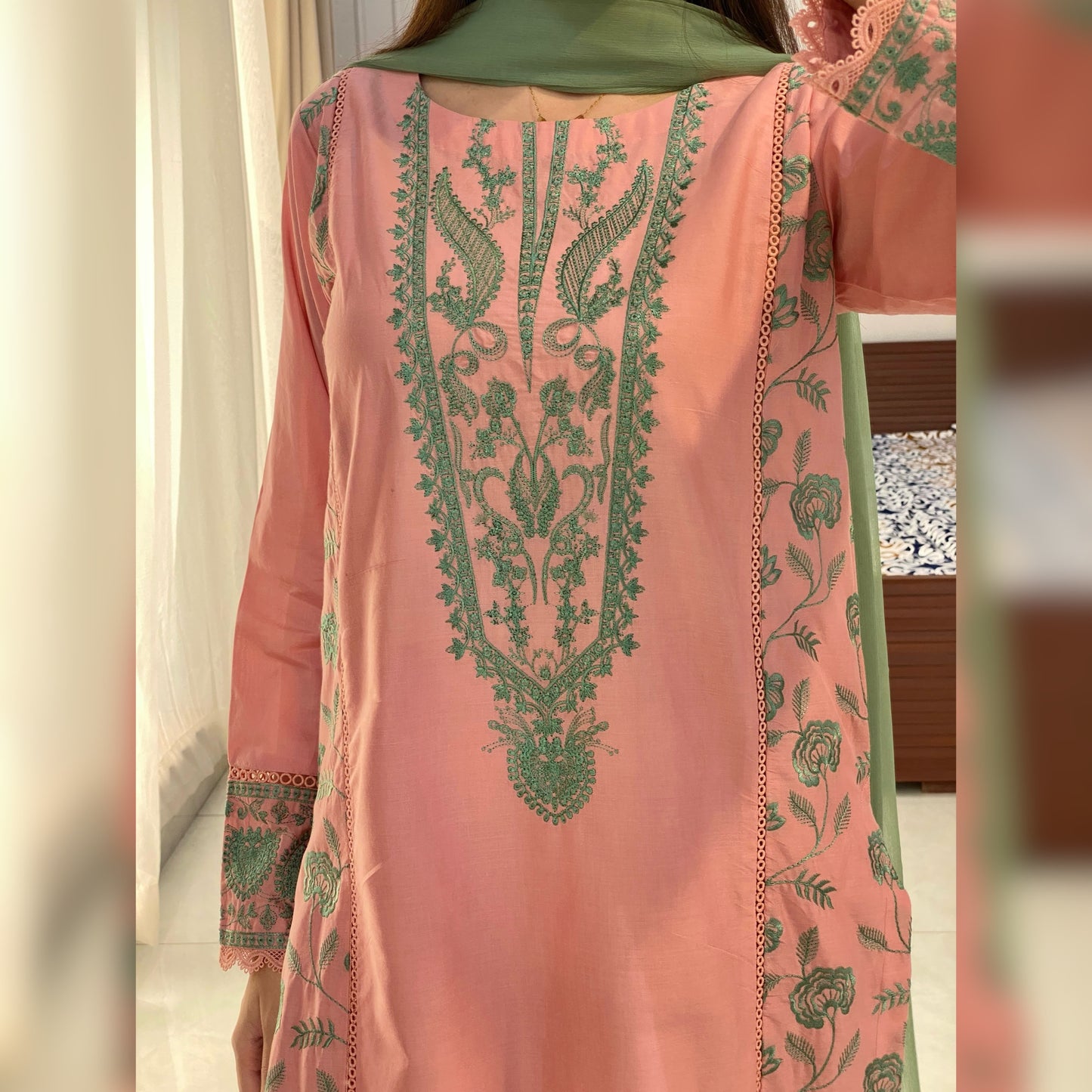 Coral Pink Embroidered 3PC