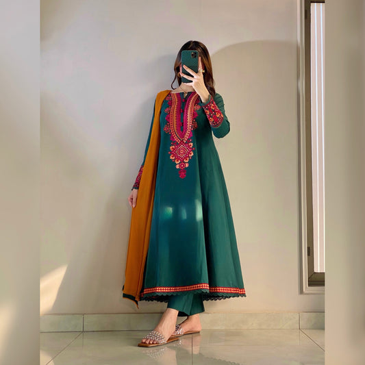 shanzey Green Frock - 3PC