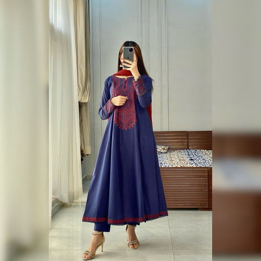 Dusty-Teal Blue Embroidered 3PC
