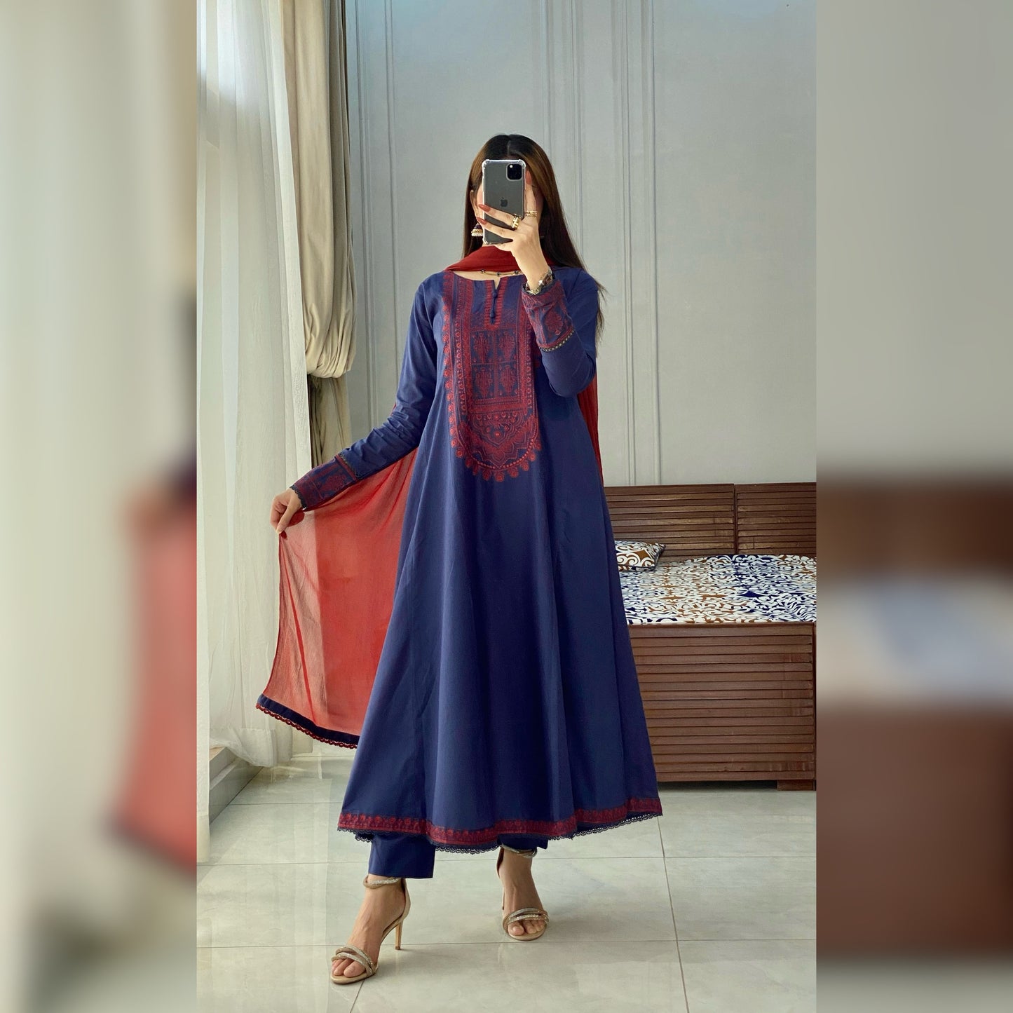 Dusty-Teal Blue Embroidered 3PC