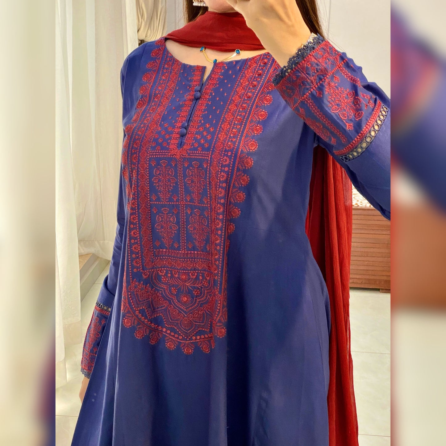 Dusty-Teal Blue Embroidered 3PC