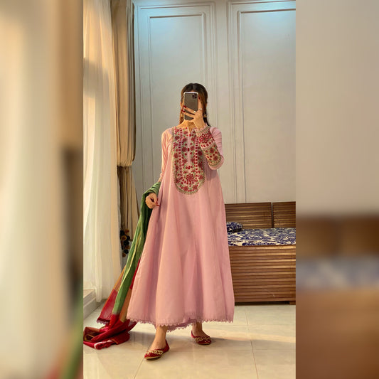 Lilac Embroidered Frock 3PC