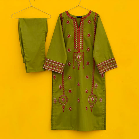 Olive Khaddar Embroidered |2PC|