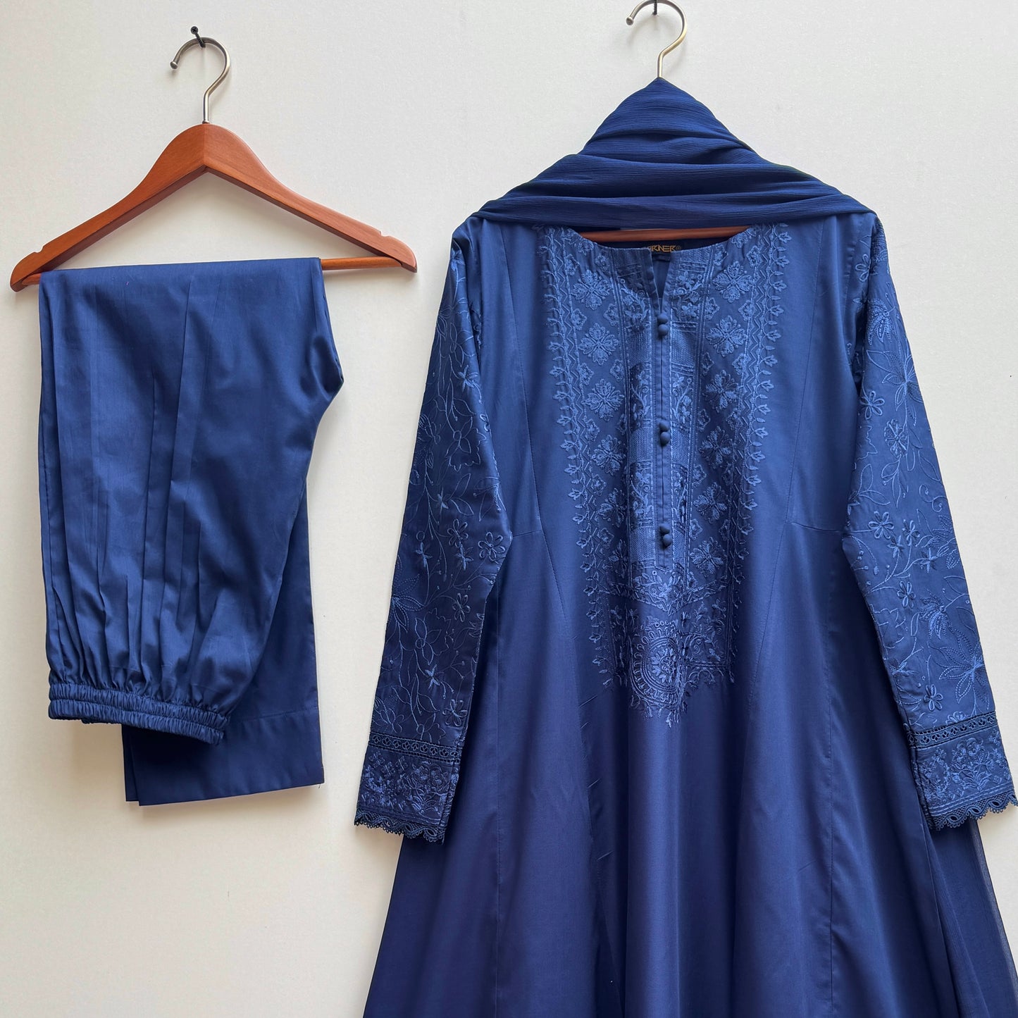 Midnight Blue Embroidered  frock 3PC