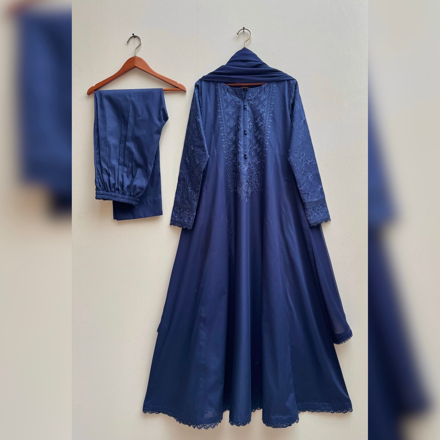 Midnight Blue Embroidered  frock 3PC