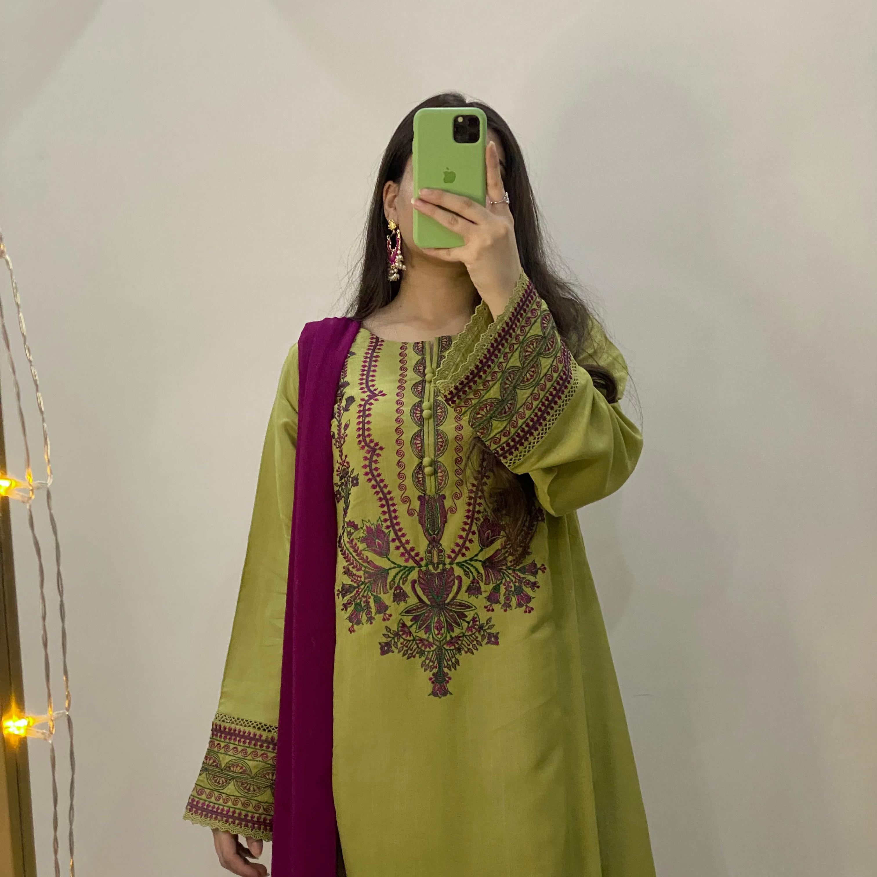 Avocado Green Embroidered Frock 3PC