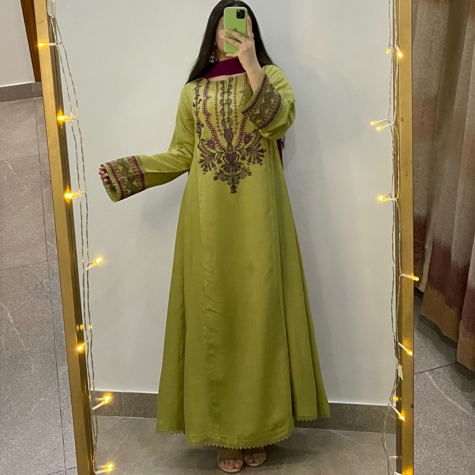 Avocado Green Embroidered Frock 3PC