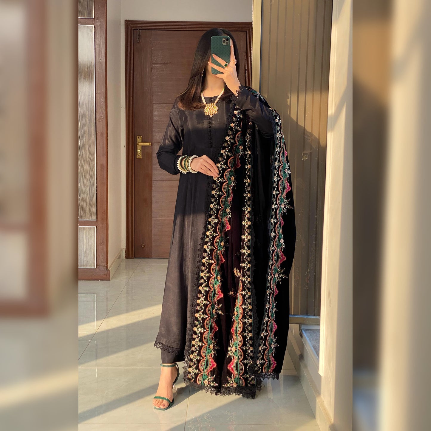 Solid Black frock with embroidered velvet Shawl