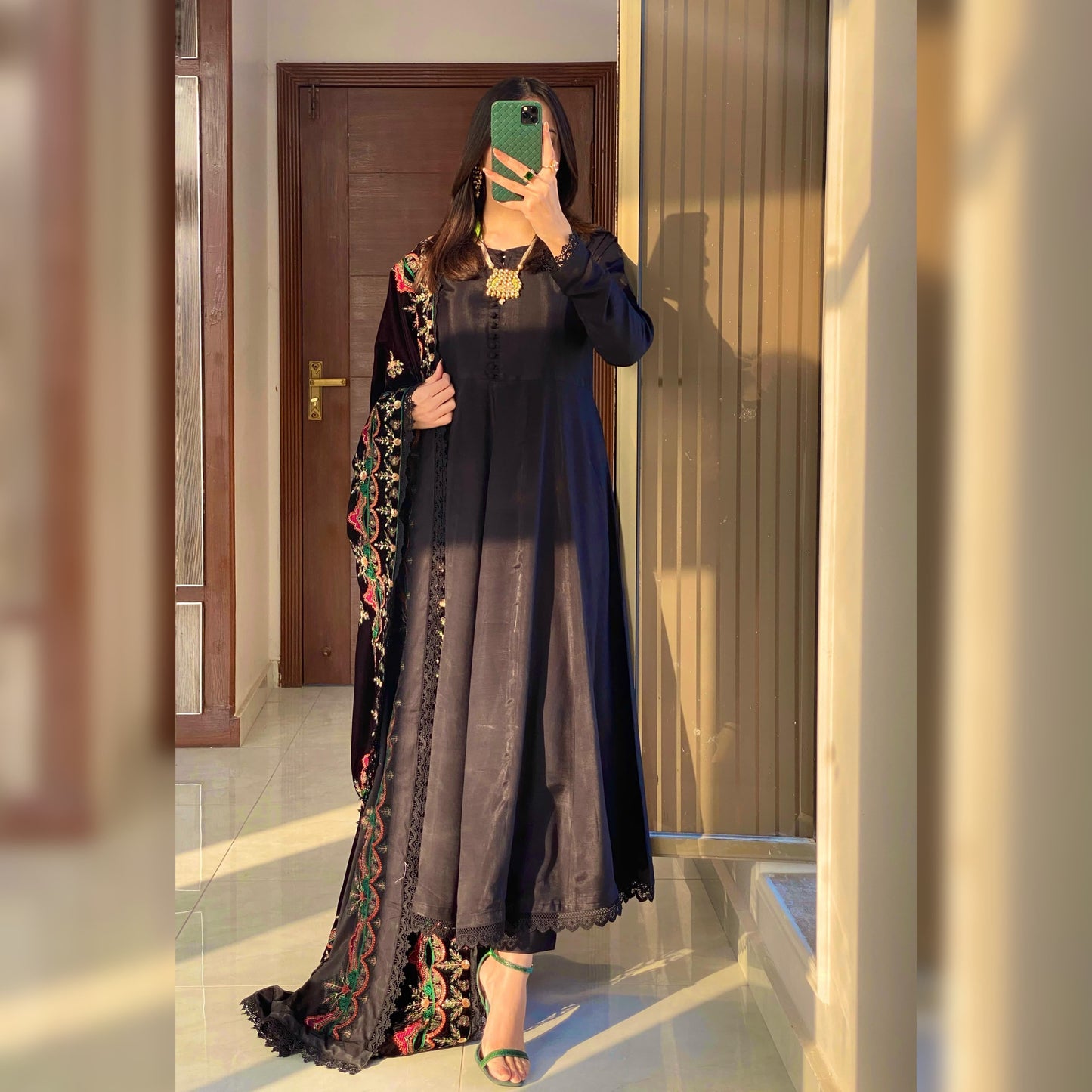 Solid Black frock with embroidered velvet Shawl