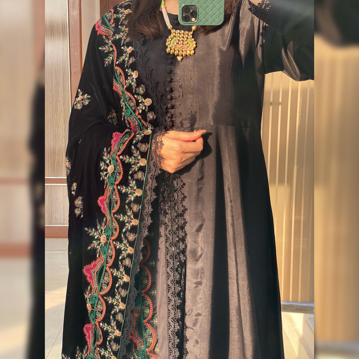 Solid Black frock with embroidered velvet Shawl