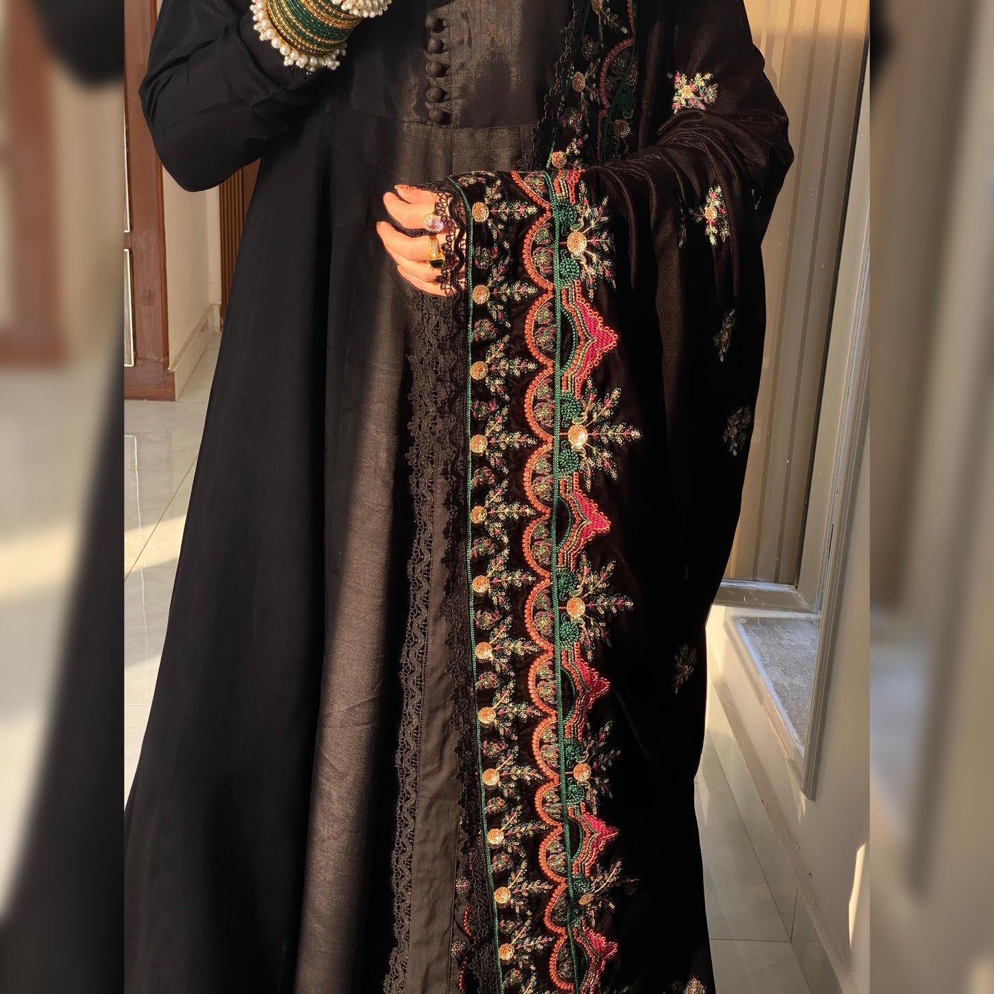 Solid Black frock with embroidered velvet Shawl