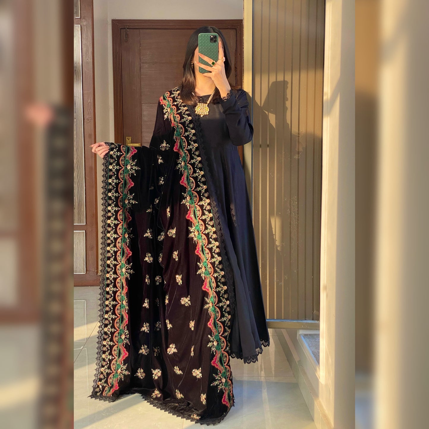 Solid Black frock with embroidered velvet Shawl