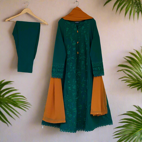 Green Self Embroidered frock 3PC